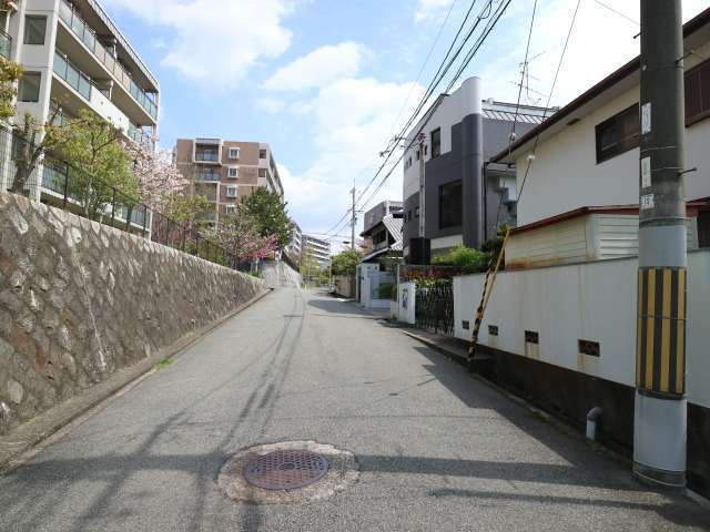町の南部を南西方向から見た景色。一戸建てとマンションが混在する住宅地が広がっています。