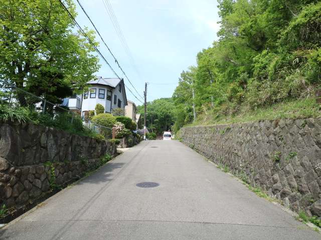 町の南部を南方向から見た景色。住宅地のすぐ近くまで山林が広がっています。