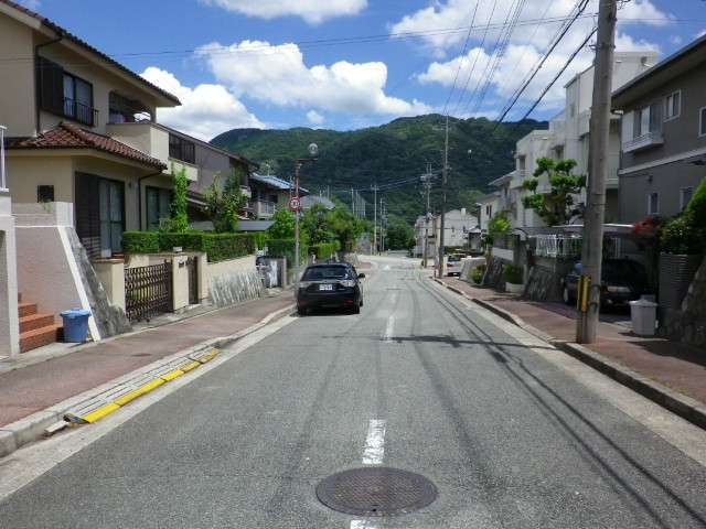 町の北東部を西方向から見た景色。奥（東）には山林が広がっています。