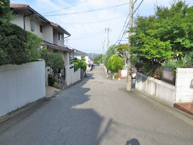 町の東部を東方向から見た景色。坂道が多い一方で、生垣や植栽のある家が多いです。