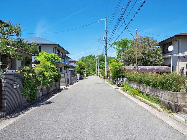 町の北西部を南東方向から見た景色。生垣や植栽のある家が多い緑豊かな住環境です。