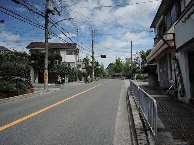 町の南部を南方向から見た景色。主要道路沿いには一戸建ての他に店舗も並んでいます。