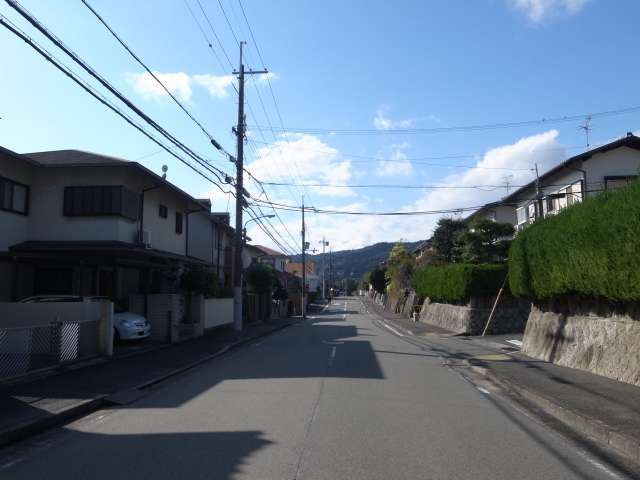 町の北東部を東方向から見た景色。奥には勝尾寺山の山林が見えます。