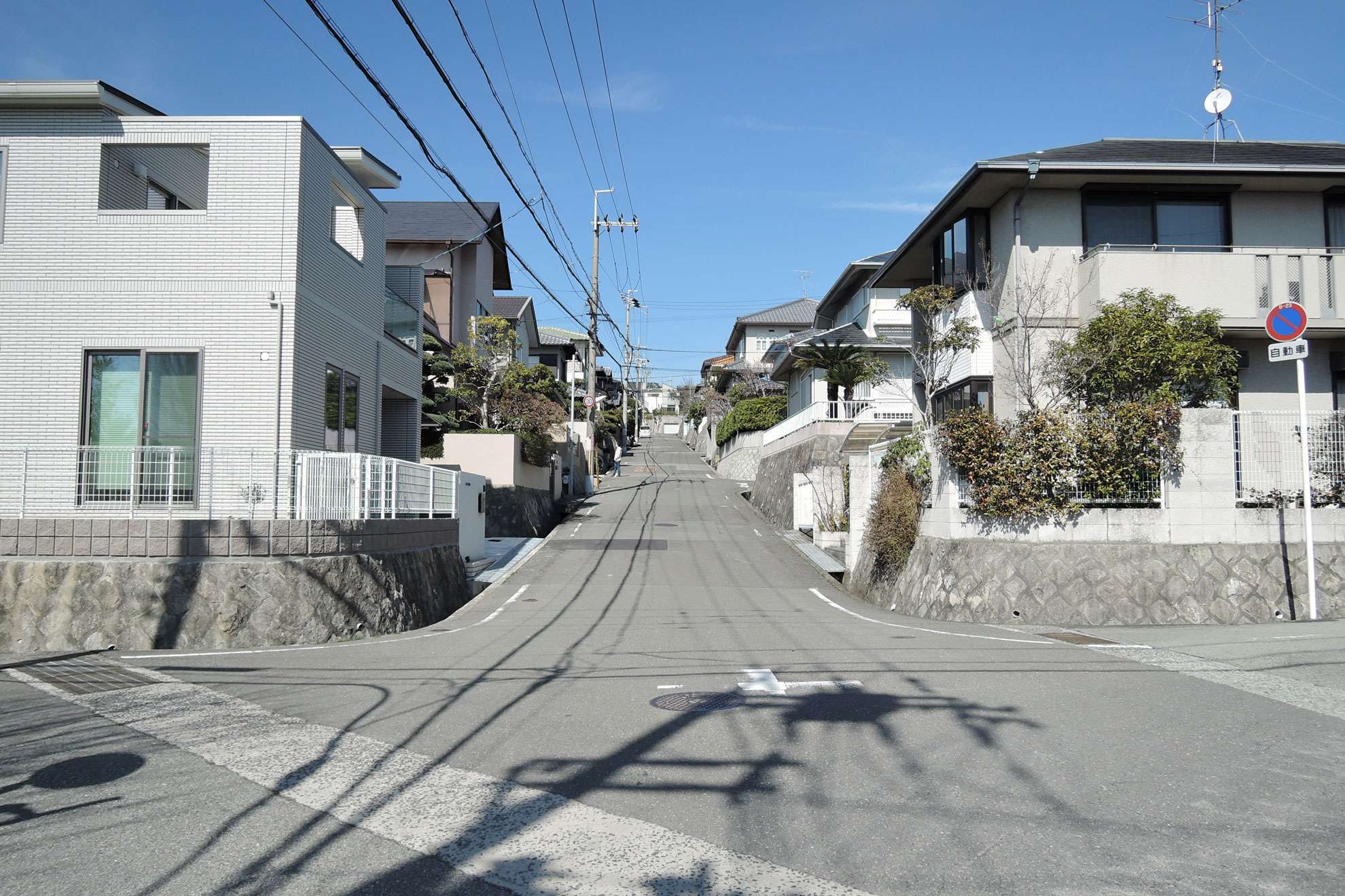 町の北西部を南方向から見た景色。生垣や植栽の多い一戸建てが並んでいます。