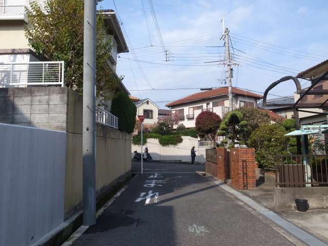 町の南東部を南東方向から見た景色。生垣や植栽のある一戸建てが整然と並んでいます。
