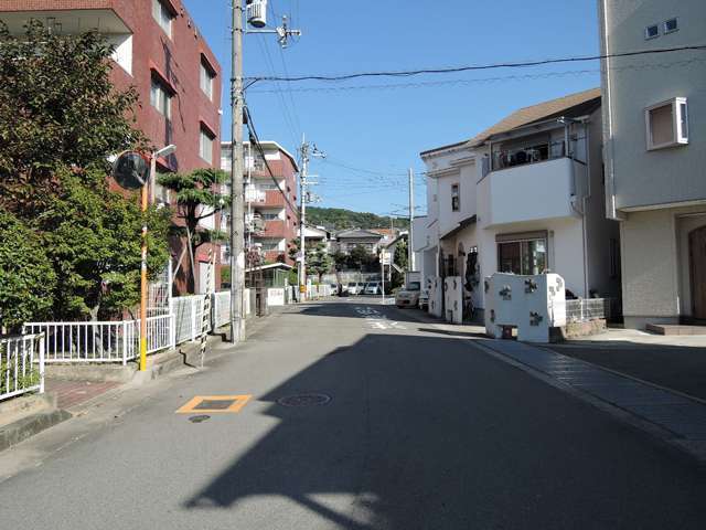 町の南部を南方向から見た景色。道路の左側にはマンション、右側には一戸建てが並んでいます。