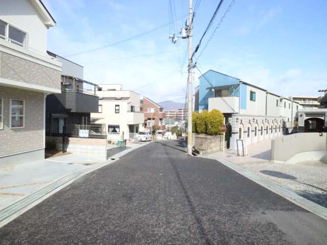 町の南部を南方向から見た景色。新しい一戸建ても多く見られます。