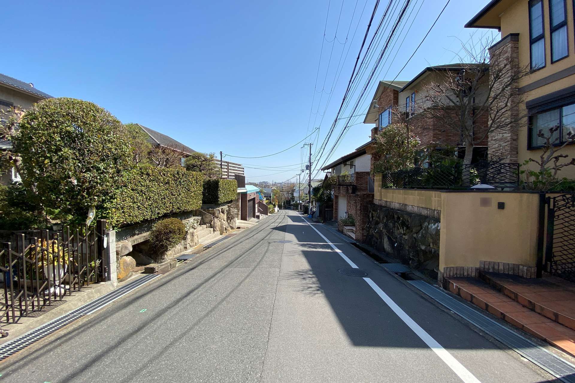 道幅の広い街路沿いに一戸建てが並んでいます。