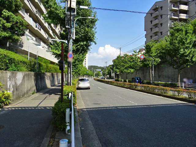 町の南端を走る主要道路沿いにはマンションが並んでいます。