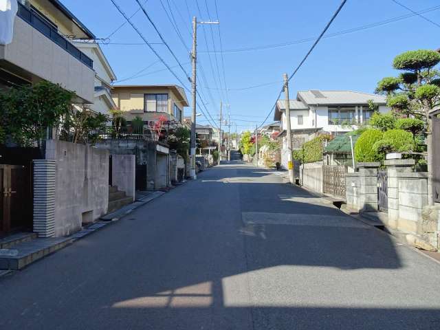 町の東部を北西方向から見た景色。生垣や植栽のある家が多いです。
