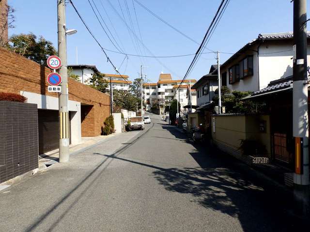 町の南部を西方向から見た景色。敷地の広い一戸建てやマンションが多く見られます。