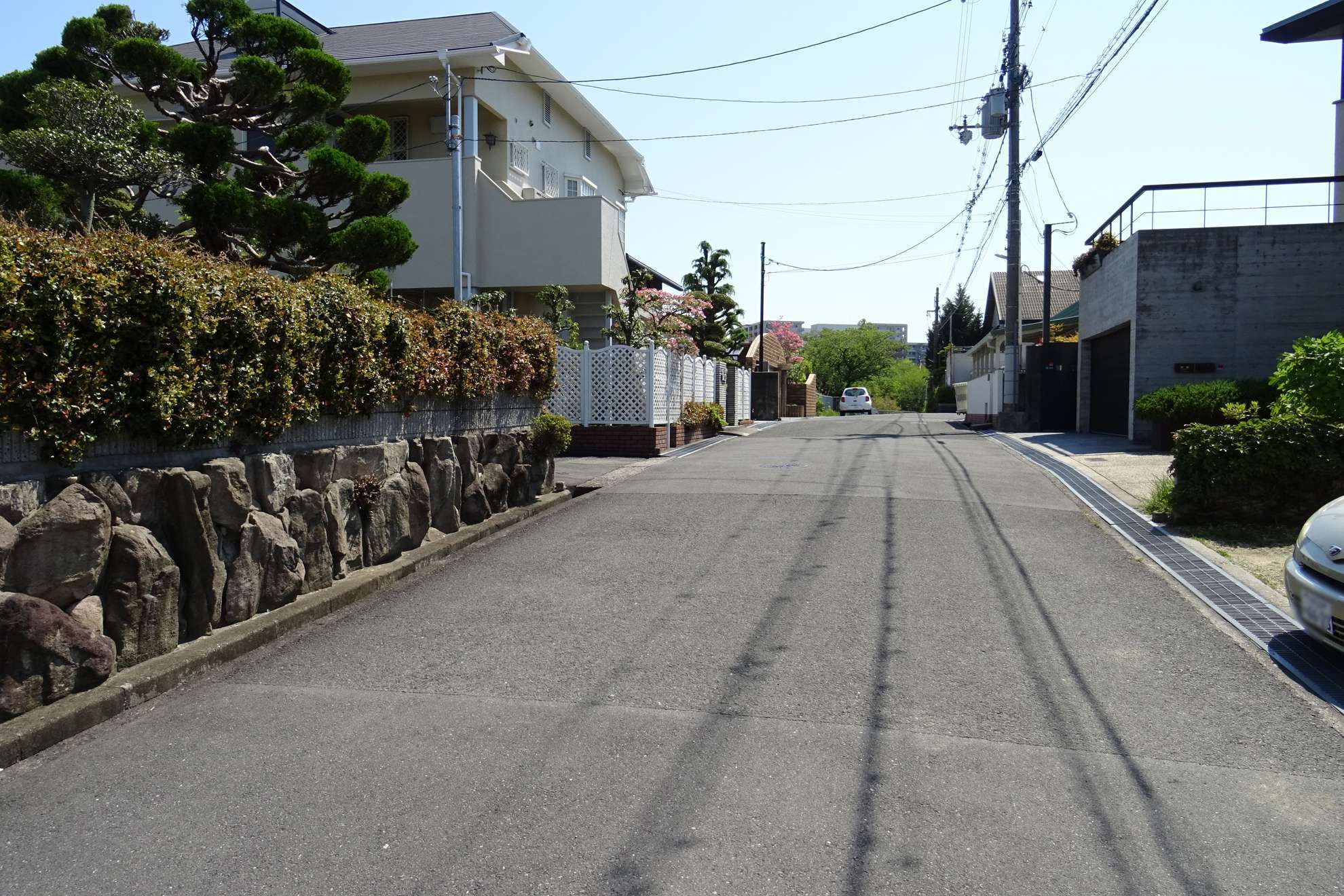 道幅が広い街路沿いに一戸建てが並んでいます。