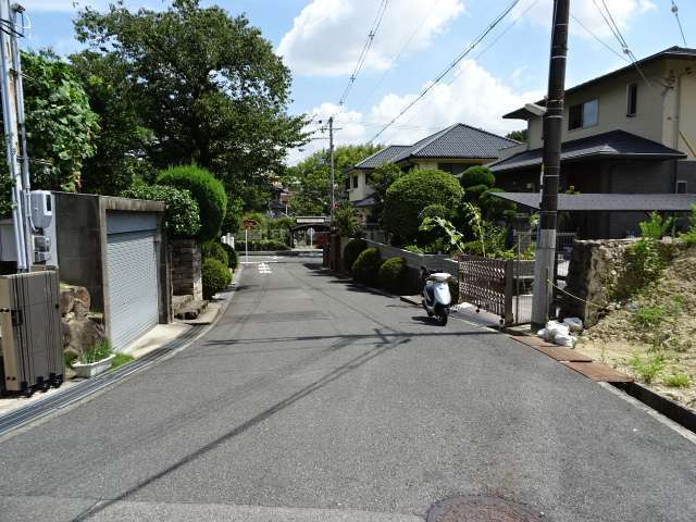 町の南部を東方向から見た景色。生垣や植栽のある敷地の広い家が並んでいます。