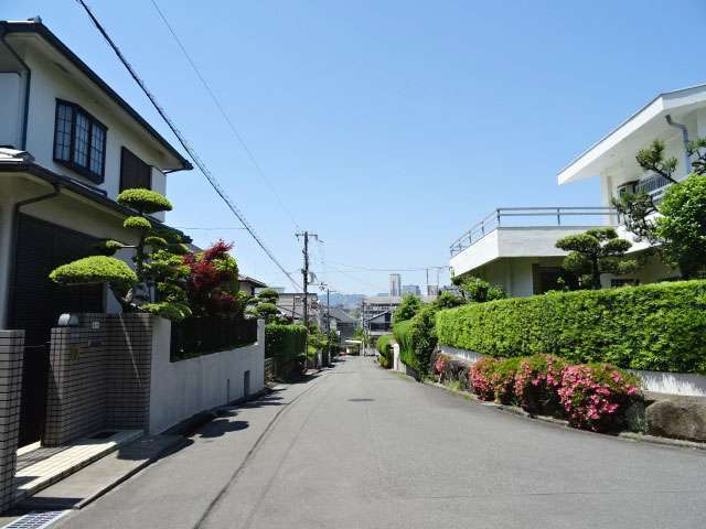 町の南西部を南方向から見た景色。第1種低層住居専用地域に指定されており、敷地の広い一戸建てが並んでいます。