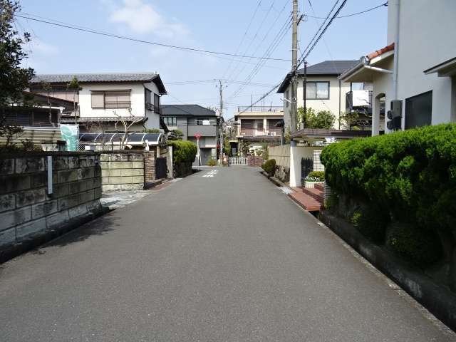 町の中央図を南西方向から見た景色。道幅が広い街路沿いに一戸建てが並んでいます。