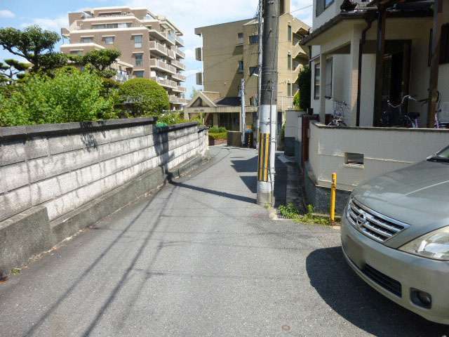 道幅が狭く入り組んだ街路沿いに一戸建てやマンションが混在しています。