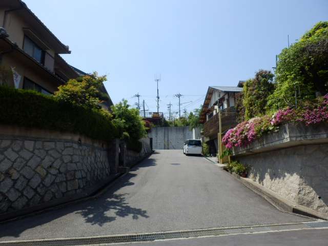 町の南部を東方向から見た景色。生垣や植栽のある家が多く、緑の潤いを感じられます。