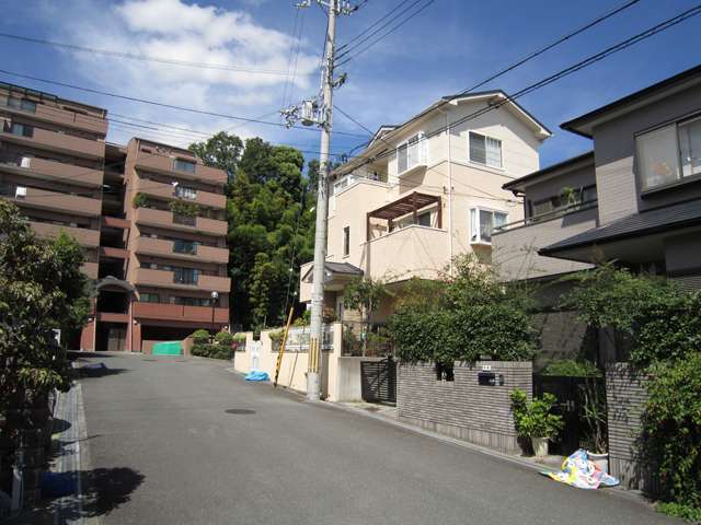 町の東部を南方向から見た景色。一戸建てやマンションが混在しています。