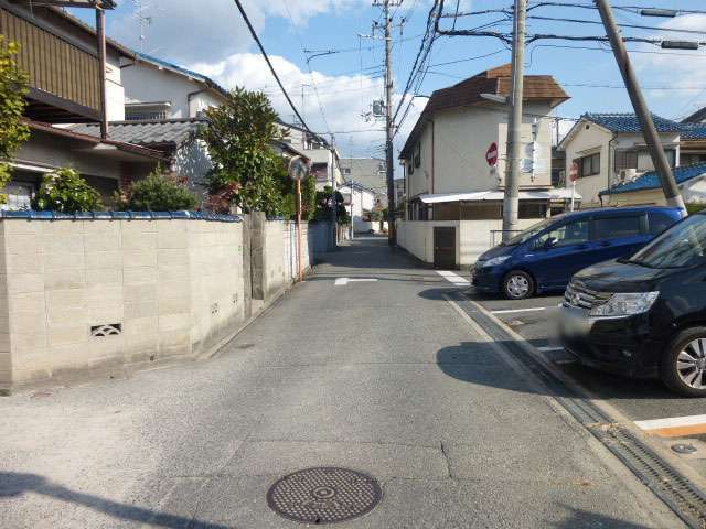 町の南東部を西方向から見た景色。左(北)側の家屋には塀や植栽があります。