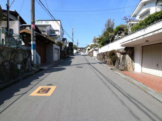 町の南西部を南方向から見た景色。道幅の広い街路沿いに敷地の広い一戸建てが並んでいます。