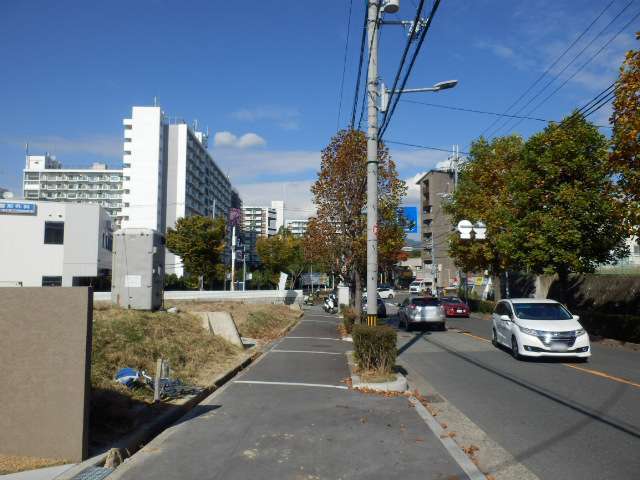 町の北東部を南方向から見た景色。左奥には北緑丘団地のマンションが見えます。