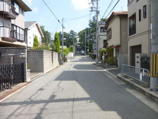 町の中央部を西方向から見た景色。直線的な道路沿いに一戸建てが多く見られます。