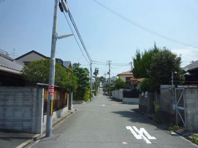 町の中央部を西方向から見た景色。緑豊かな家屋が多く見られます。