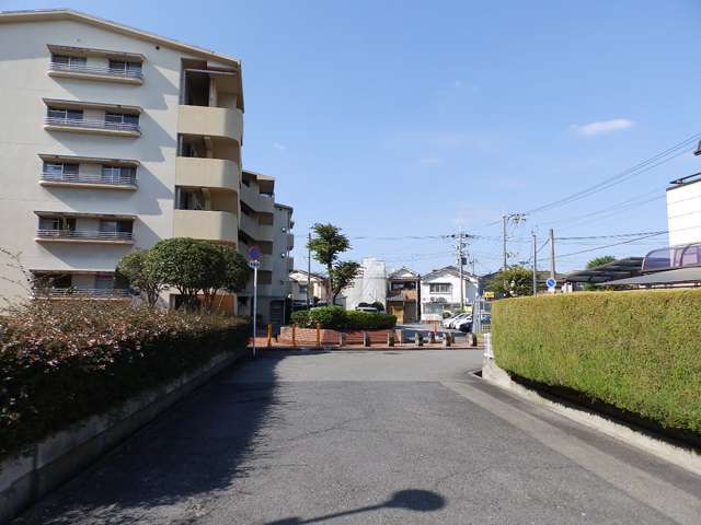 町の南東部を東方向から見た景色。左側にはマンションが見え、奥には一戸建てが見えます。