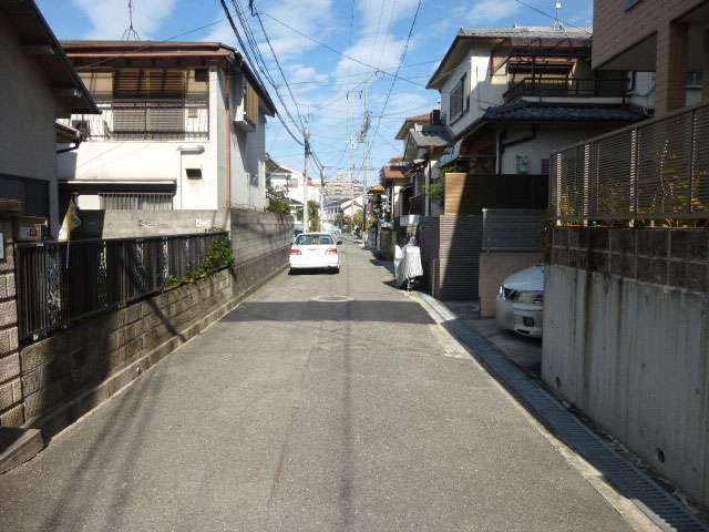 町の南東部を南方向から見た景色。道幅の広い街路沿いに一戸建てが並んでいます。