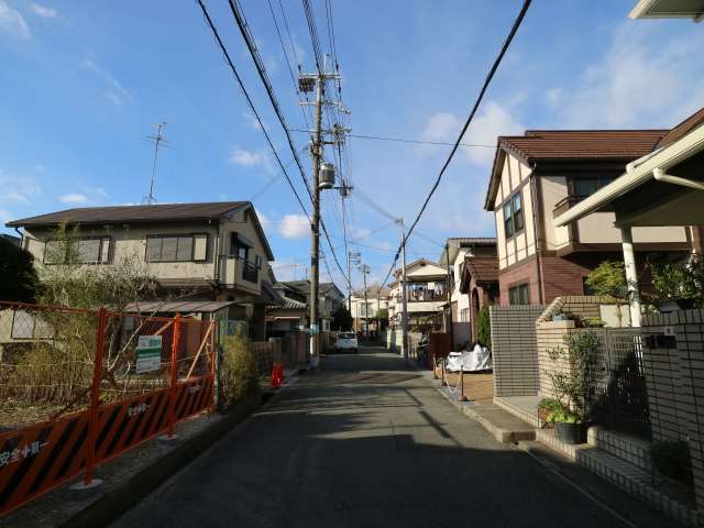 町の東部を南東方向から見た景色。狭い街路沿いに一戸建てが並んでいます。