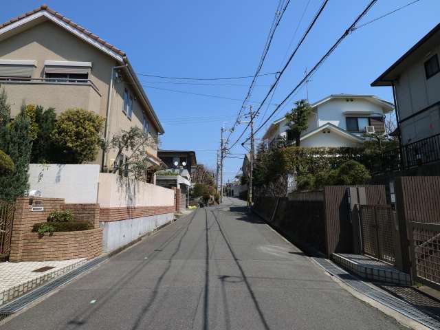 町の北部を南西方向から見た景色。敷地が広く生垣や植栽のある邸宅が並んでいます。