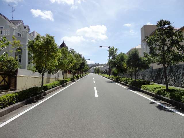 町の西端を南北に走る主要道路には街路樹や歩道が整備されています。