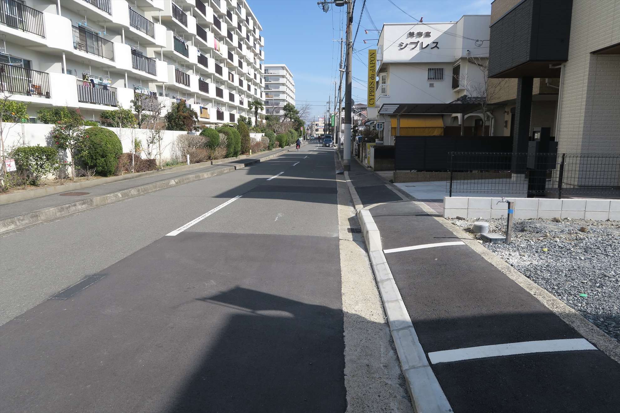 一戸建てやマンション、店舗などが混在する住宅地。