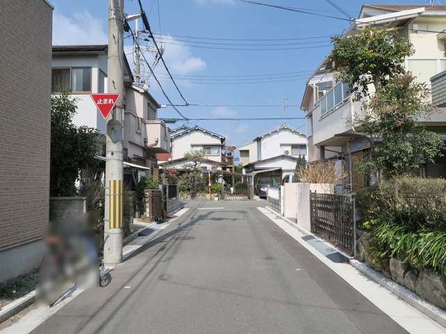 町の中央部を南方向から見た景色。道幅のやや狭い街路沿いに一戸建てが並んでいます。