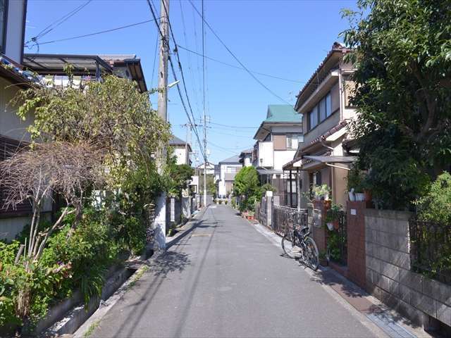 町の中央部を南方向から見た景色。一戸建てが中心に並んでいます。