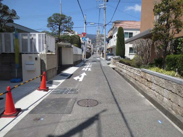 道幅はやや狭いながら、すっきりした印象の街並み。一戸建てやマンションなどが混在しています。