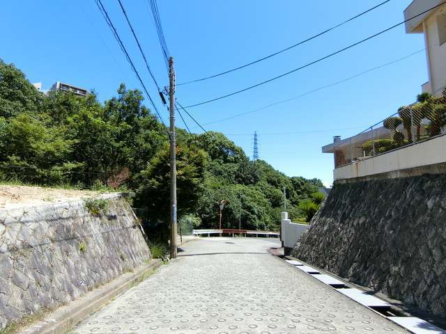 勾配の急な坂道が多いですが、生垣のある家も多く立ち並び、町中も緑豊かな印象。