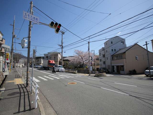 『河内国魂神社(五毛天神社)』近くのバス通り。通りから中に入るとやや入り組んでいます。