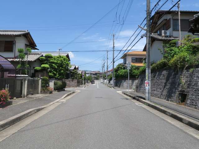 町の西部を南西方向から見た景色。道幅が広い街路沿いに一戸建てが並んでいます。