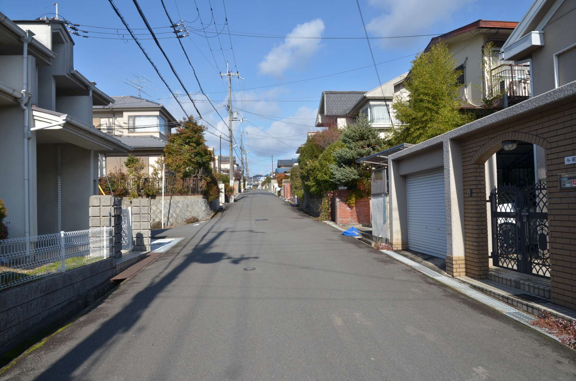 町の中央部を南方向から見た景色。生垣や植栽のある一戸建てが多く並んでいます。