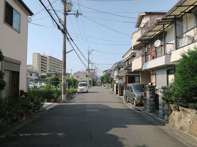 町の南西部を南方向から見た景色。一戸建てが注sんに並んでますが、マンションも少し見られます。