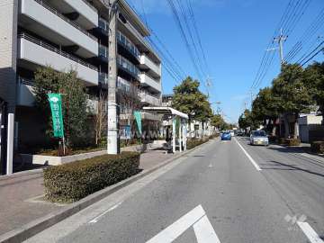 敷地東側の前面道路。すぐ目の前にバス停があります。