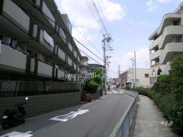 前面道路（道幅は狭め）　周辺にはマンションと一戸建てが混在しています