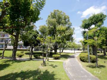 敷地内の緑の間を抜ける通路