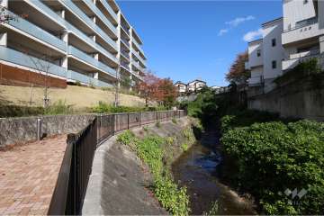 敷地東側を石澄川が流れており、川沿いには遊歩道が整備されています。