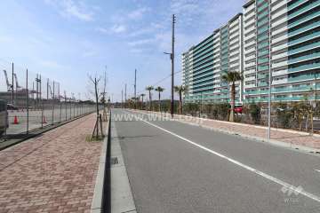 南側前面道路とマンション建物一部（東側から）