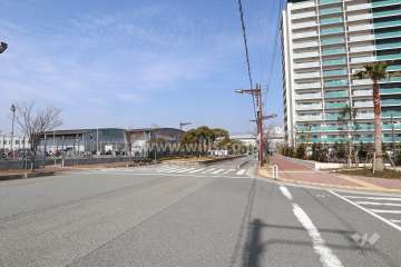 西側前面道路とマンション建物一部（南側から）