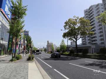 敷地北側の前面道路。三車線のバス通りです。