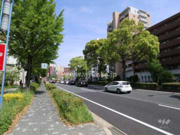 敷地北側の前面道路。三車線のバス通りです。