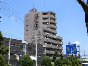 グローリアス香流の遠景。周辺はマンションと一戸建てなどが混在する住宅地です。